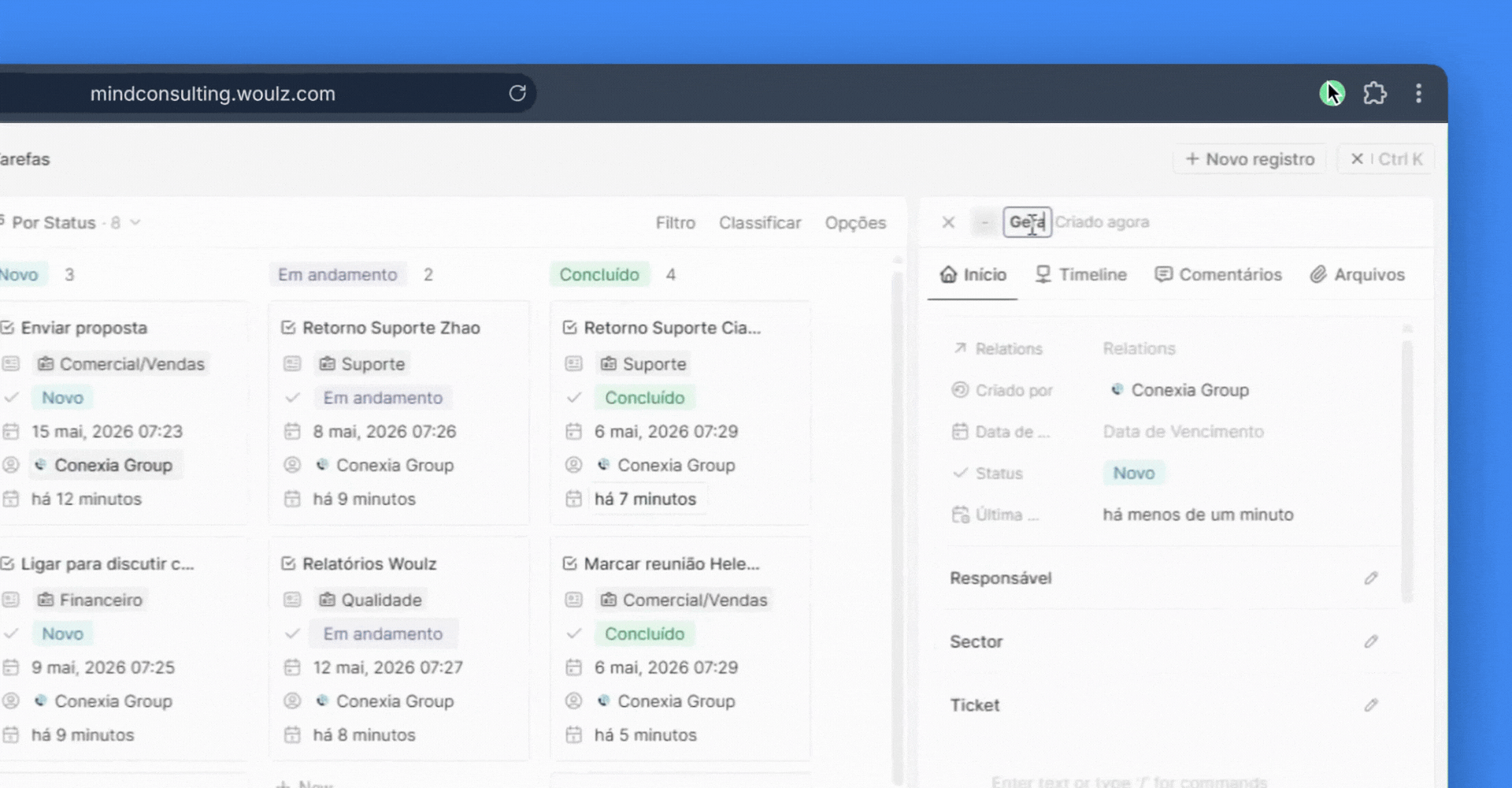Time comercial usando a Woulz CRM